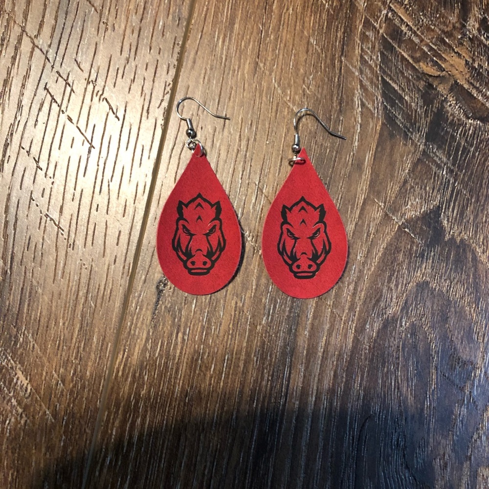 Red suede leather Arkansas Razorback earrings